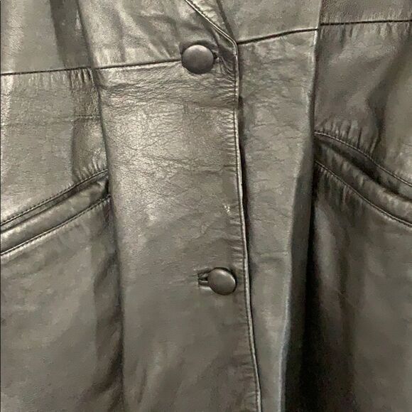 Vintage 70’s 80’s Missy Black 100% Leather Button Full Length Trechcoat Sz M - Picture 5 of 8